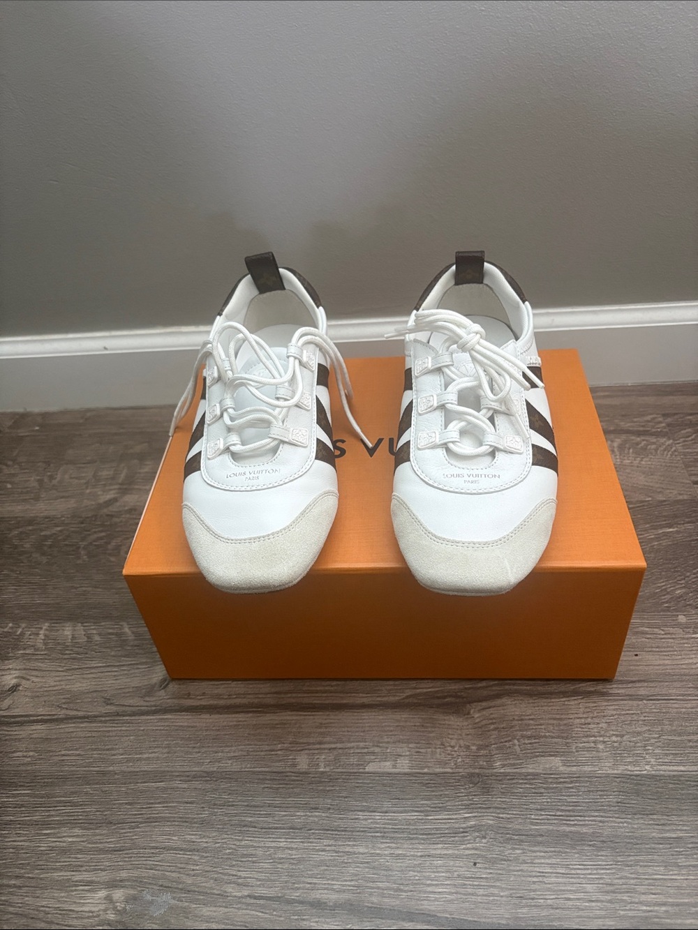 Louis Vuitton White and Brown Logo Accent Sneakers - Picture 2 of 5